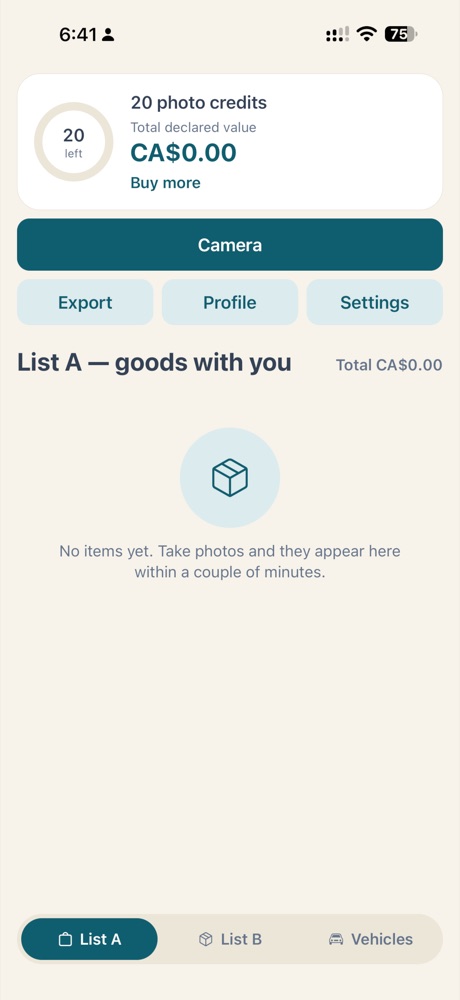 The app's home screen: photo credits, total declared value, and List A, goods with you