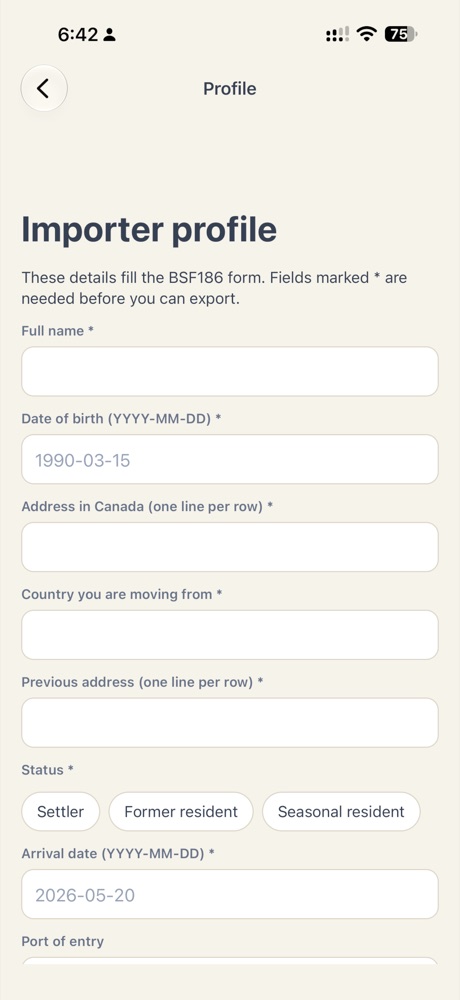 Importer profile form with the fields of the BSF186