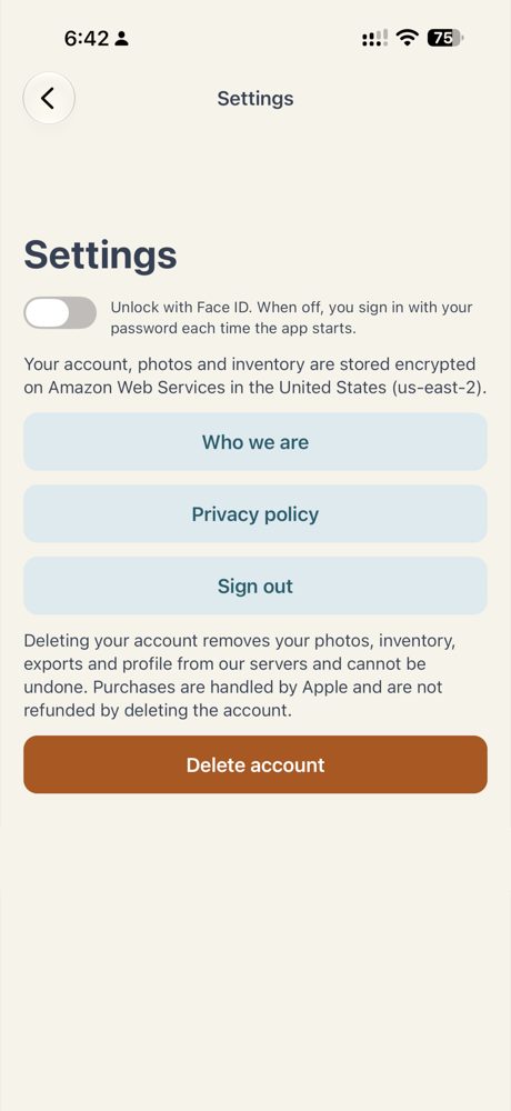 Settings: Face ID, privacy policy and delete account