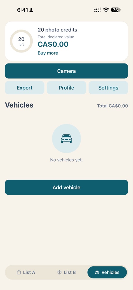 Vehicles tab with the Add vehicle button